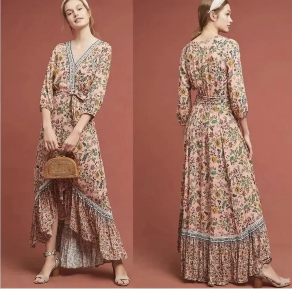 FARM RIO ANTHROPOLOGIE Clara Pink Floral Wrap Maxi Women’s Dress Size XS